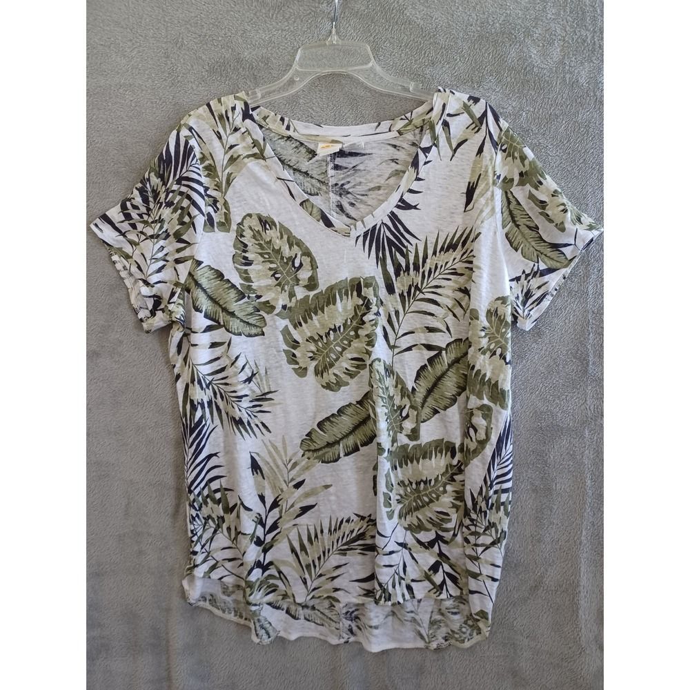 1X Linen TShirt Tropical Leaf Print VNeck C&C California Beachy Vaction Coastal - Picture 2 of 7
